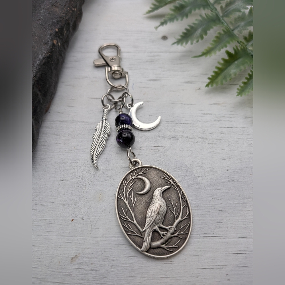 Raven Moon Keychain with Feather & Crescent Charms / Bag Charm - Picture 2 of 4
